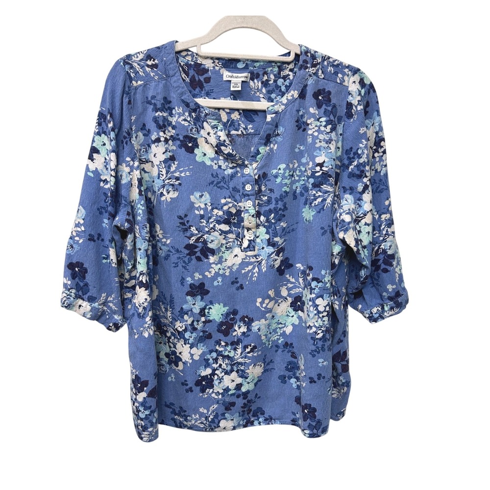 Croft & Barrow Womens 2X Blue Floral Rayon Henley Blouse 3/4 Sleeve Textured Top
